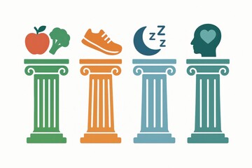 The Four Pillars of Wellbeing Representing Nutrition Exercise Sleep and Mental Health Illustrated in a Minimalist Design Demonstrating Key Components for Holistic Wellness