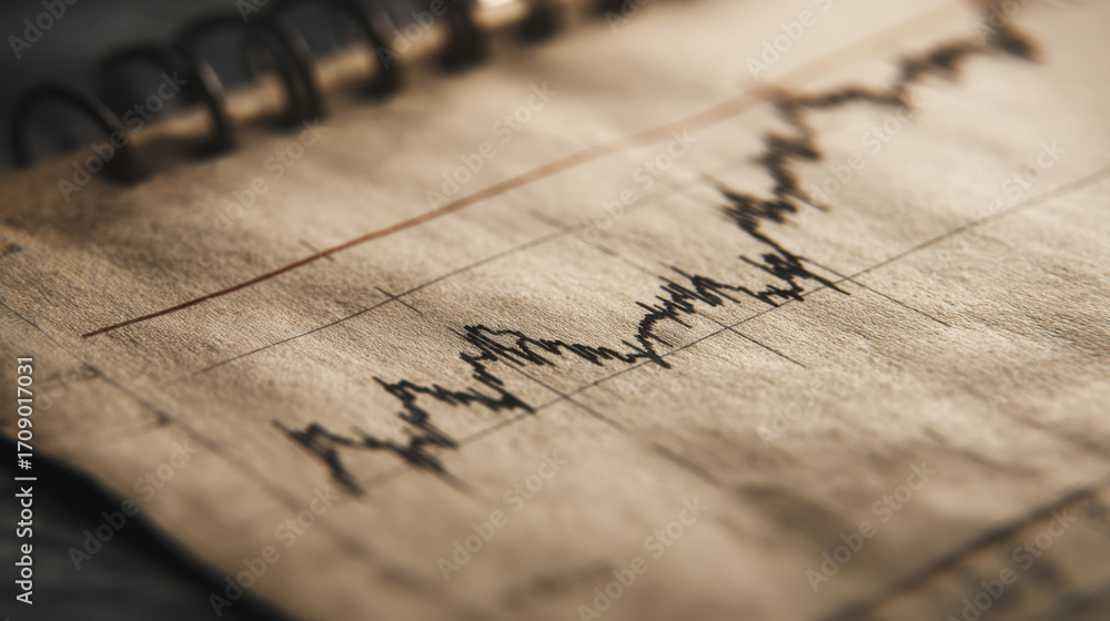 Poster close up view of vintage notebook page displaying financial graph with fluctuating lines, symbolizin