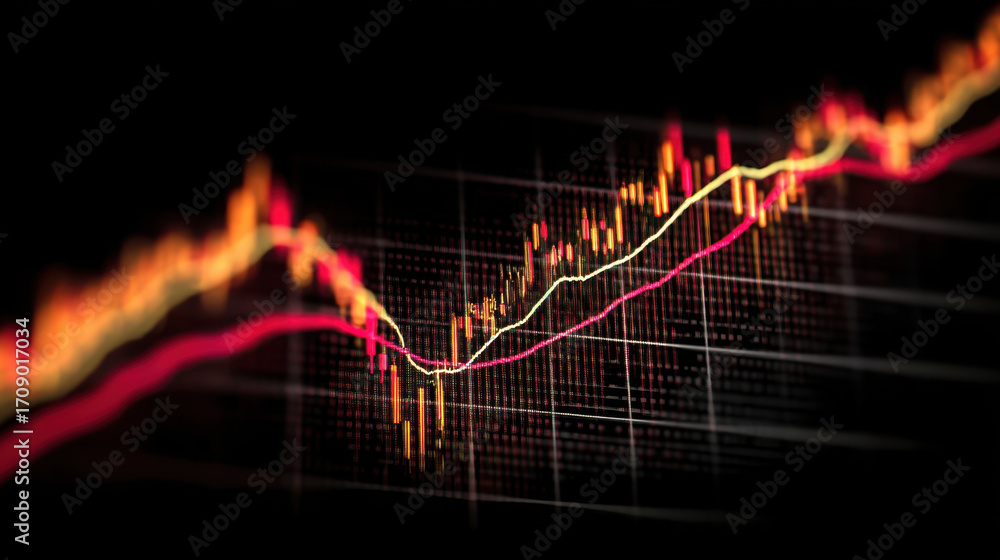 Poster vibrant financial chart displays upward trends with colorful candlestick patterns, showcasing market
