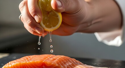 Hand Squeezing Lemon Over Fresh Salmon Fillet in Kitchen