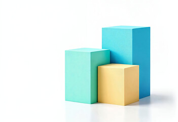 Fototapeta premium Minimalist 3D render of three geometric blocks in pastel colors representing a simple bar chart