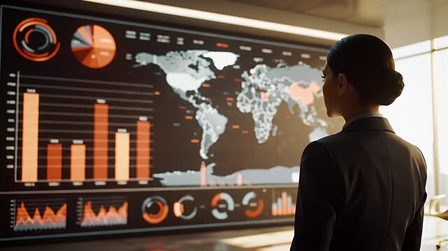 Businesswoman in Dark Suit Examines Red Data Visualization and a World Map on a Large Screen in Sunny Modern Room