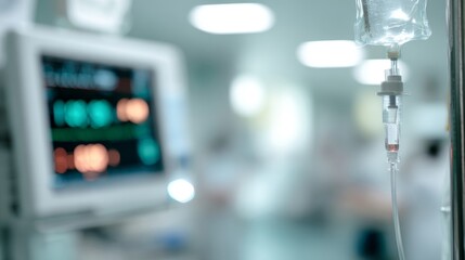 Medical IV Drip Setup in Hospital Environment with Heart Monitor