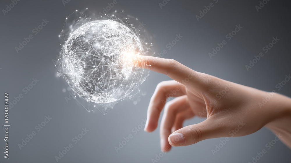 Poster hand reaching towards glowing digital globe, symbolizing global connectivity and technology. intrica