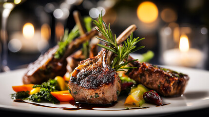 Grilled lamb chops with rosemary, colorful vegetables, and berry sauce on a white plate. Candlelit ambiance enhances fine dining appeal—ideal for restaurant ads and gourmet branding.