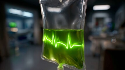 IV Bag with Green Liquid and Heartbeat Line in Medical Setting