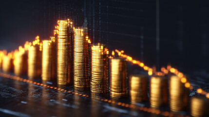 Digital financial graph displaying golden bars representing growth and decline in market trends, symbolizing investment and economic analysis