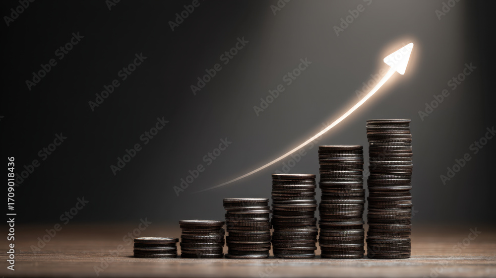 Poster increasing financial growth represented by stacked coins with upward arrow symbolizing progress and 