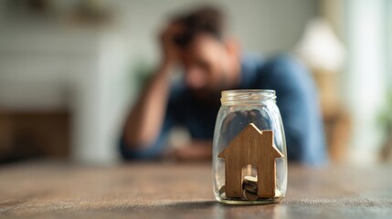 Man in Distress with Wooden House Inside Jar on Table
