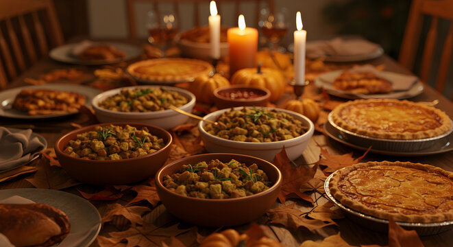 Festive Friendsgiving Dinner Party Table Arranged with Traditional Dishes and Cozy Autumn Decor