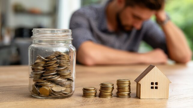 Man in Distress Contemplates Future with Coins and Wooden House