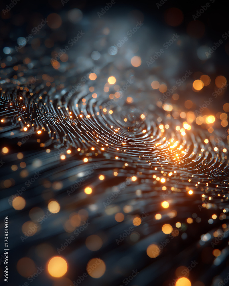 Poster digital fingerprint: an abstract depiction of a fingerprint, interwoven with glowing circuits and pa