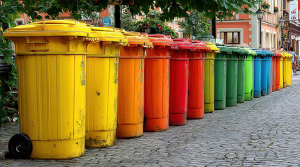 Fototapeta premium Colorful waste bins lined up on cobblestone street create vibrant scene, showcasing commitment to recycling and environmental awareness. bright colors add cheerful touch to urban landscape