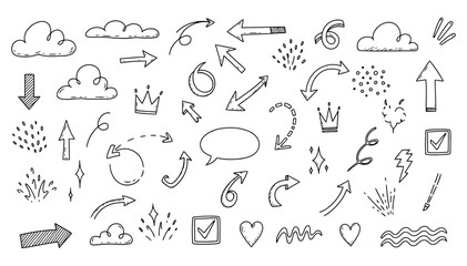 Hand Drawn Doodle Elements Including Arrows Clouds Crowns Sparkles And Speech Bubbles Keywords: arrow, cloud, crown