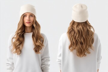 A young woman with long wavy hair wearing a white beanie mockup and a white sweater, shown from the front and back