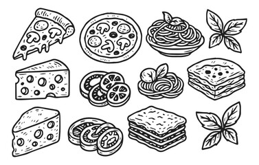 Italian food doodle collection isolated on transparent background, generative ai