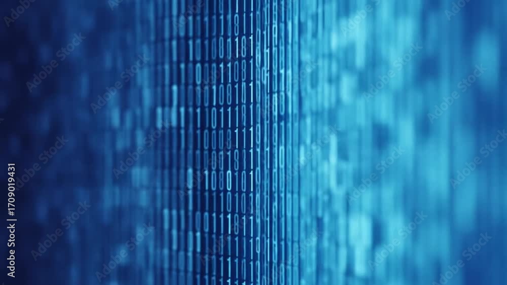 Poster evolving blue digital binary code matrix stream information network technology