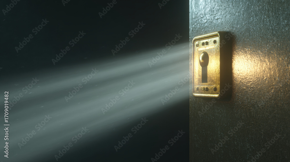 Poster golden keyhole shines brightly, casting beams of light through dark doorway, creating mysterious and