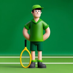 Cartoon Character of a Tennis Player with Racket on Green Background