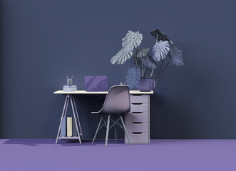 Modern Home Office Workspace with Green Plants and Minimalist Desk – Cozy Interior Design Background