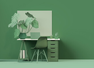 Modern Home Office Workspace with Green Plants and Minimalist Desk – Cozy Interior Design Background