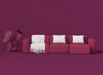 Armchair with plant on red dark pink background. Advertisement idea. Creative composition. 3d render, social media and sale concept	