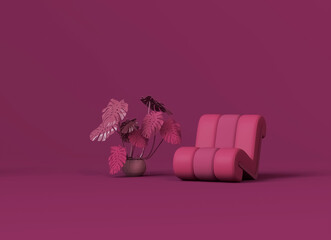 Armchair with plant on red dark pink background. Advertisement idea. Creative composition. 3d render, social media and sale concept	