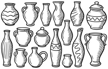 Vase and pottery doodle collection isolated on transparent background, generative ai