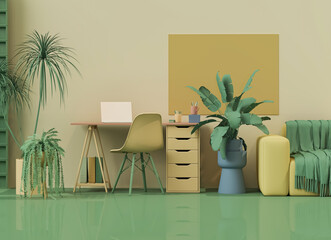 Modern Home Office Workspace with Green Plants and Minimalist Desk – Cozy Interior Design Background