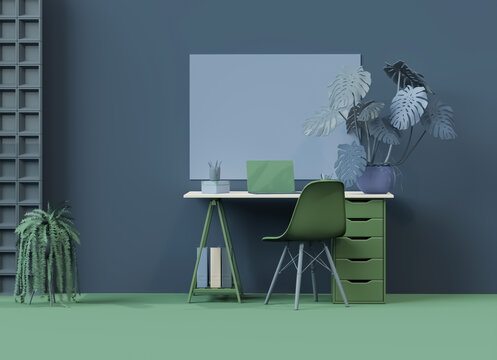 Modern Home Office Workspace with Green Plants and Minimalist Desk &ndash; Cozy Interior Design Background