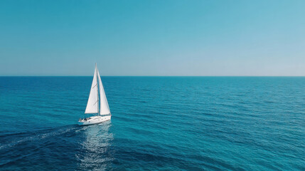 Obraz premium Serene sailboat glides across calm, turquoise waters of ocean under clear blue sky, creating peaceful and picturesque scene