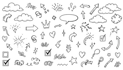 Hand Drawn Doodle Elements Including Arrows Clouds Hearts Stars and Speech Bubbles Keywords: arrow, doodle, hand