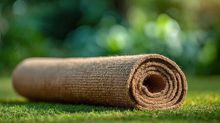 Rolled Natural Fiber Yoga Mat On Grass
