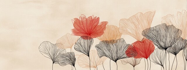 Elegant Floral Design with Lines in Soft Tones and Red Accents