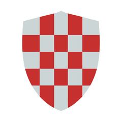 Heraldic Shield Icon: A graphic depiction of a heraldic shield. The shield's design is a simple geometric pattern composed of alternating red and light grey squares. This image symbolizes strength.