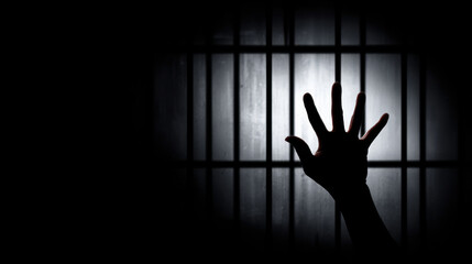 Hand reaching out against dark background, symbolizing confinement and longing for freedom. image evokes feelings of despair and hope, highlighting struggle for liberation