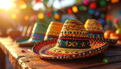 Colorful sombreros on a wooden table