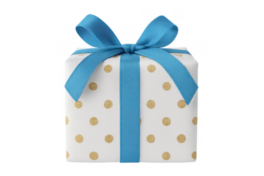 White gift box with blue ribbon and gold dots on transparent background - Powered by Adobe