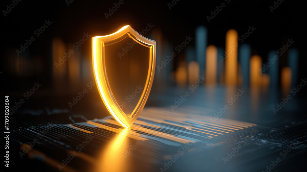 Poster glowing shield symbol representing security and protection stands prominently against dark backgroun