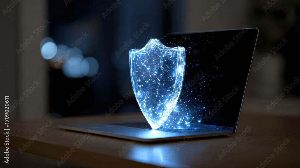 Poster digital security concept represented by glowing shield emerging from laptop screen, symbolizing prot