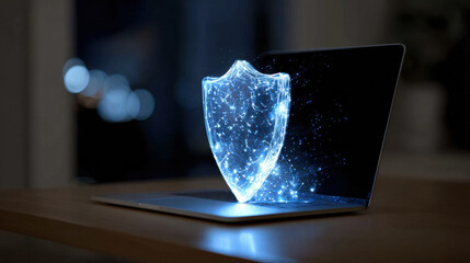 Digital security concept represented by glowing shield emerging from laptop screen, symbolizing protection and cybersecurity. image conveys sense of safety and technology
