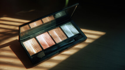 Makeup palette featuring variety of shimmering eyeshadow shades, including gold, bronze, and silver. palette is open, showcasing its colors soft natural light, creating warm and inviting