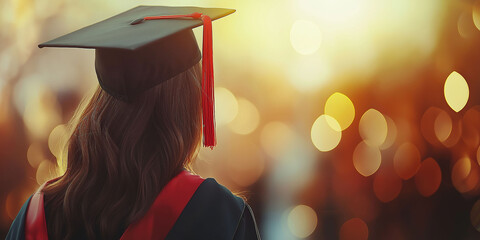 Back view of a young female graduate with her hair down while wearing a graduate cap and gown, blurred background