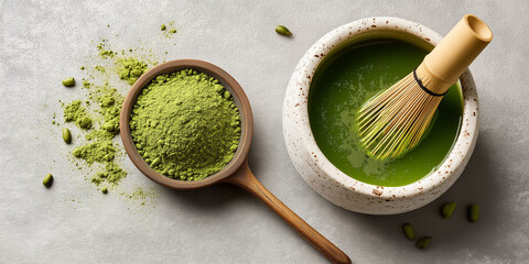 Top view of a table with a ceramic bowl with macha being stirred and next to it some matcha powder in a wooden spoon