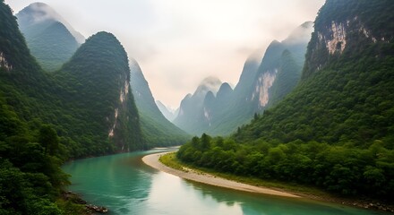 Serene Mountain River Valley Scenery.