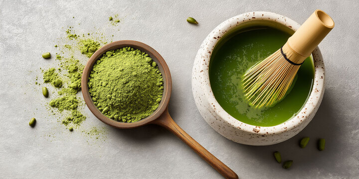 Top view of a table with a ceramic bowl with macha being stirred and next to it some matcha powder in a wooden spoon