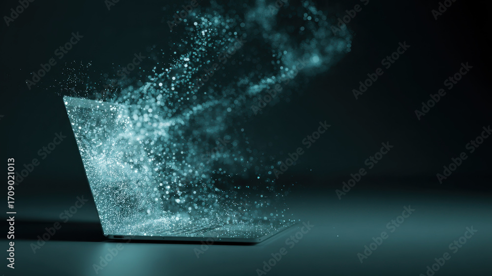 Poster laptop emits cloud of digital particles, creating sense of innovation and technology. glowing partic
