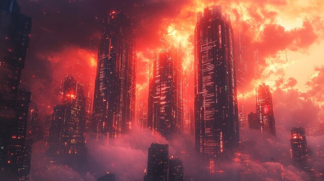 Futuristic cityscape with glowing skyscrapers, neon atmosphere and digital elements in red tones, cyberpunk vision, virtual world, sci fi concept, innovation technology and modern urban fantasy. - Powered by Adobe