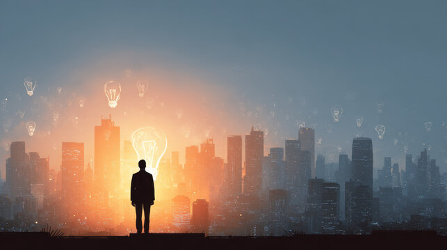 Silhouette of businessman stands against vibrant city skyline at sunset, with glowing light bulbs symbolizing ideas and innovation floating above. scene evokes inspiration and creativity