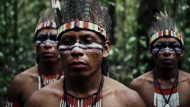 Intense Portrait of Three Indigenous Men in Traditional Headdresses and Face Paint Against a Lush Green Rainforest
